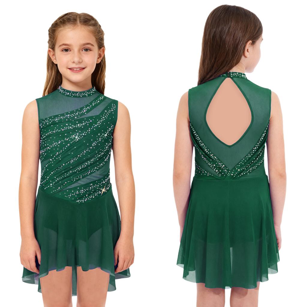 Barnklänning för dans, ärmlös, med genomskinligt nät och strass, öppen rygg, rynkad, hög-låg fåll, kostym för lyrisk uppvisning