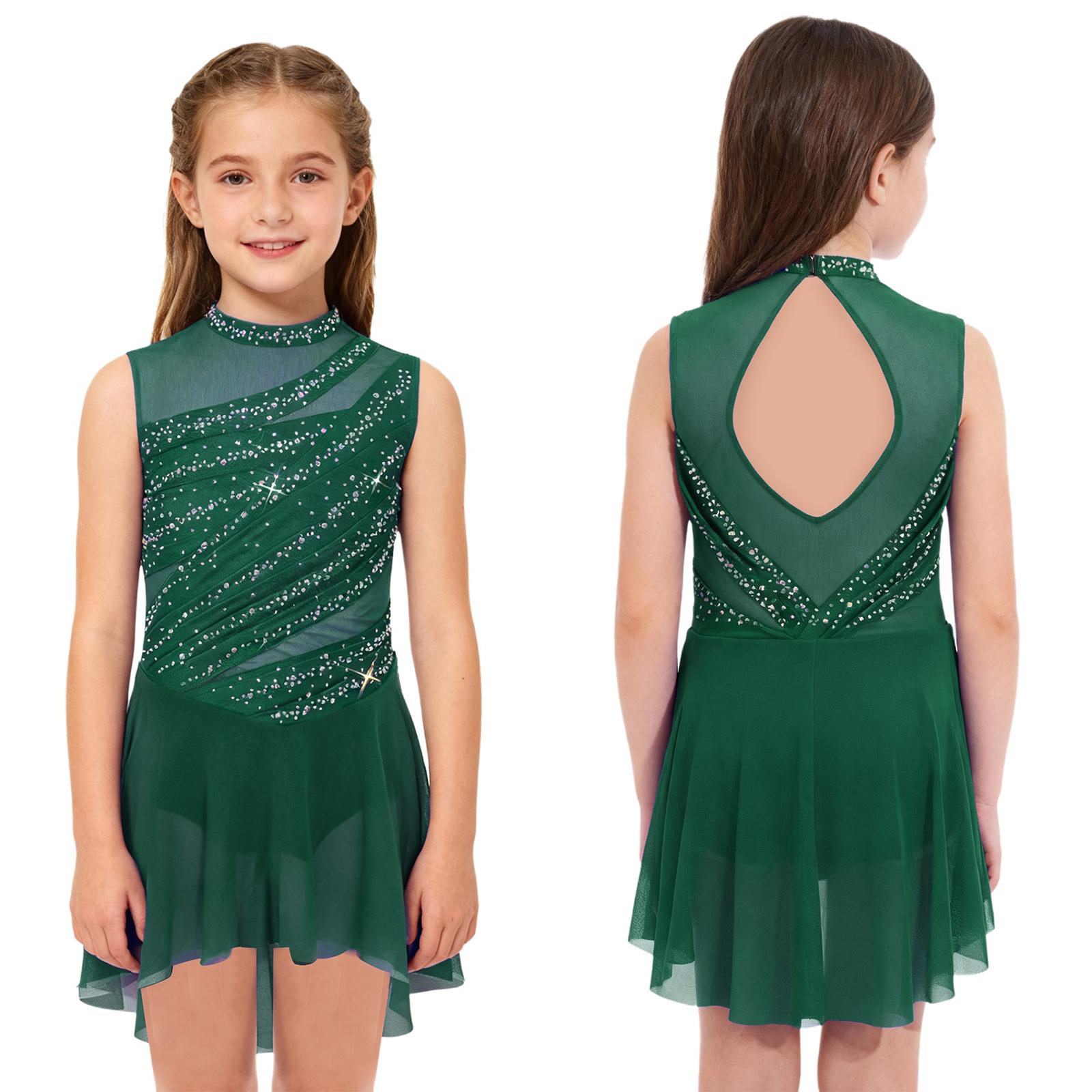 

Костюм для виступу з ліричного танцю для дівчат: Сукня без рукавів з вирізом на спині, з прозорими сітчастими вставками, Асиметричний поділ та Блискучі Стрази 5-6 Years темно-зелений колір