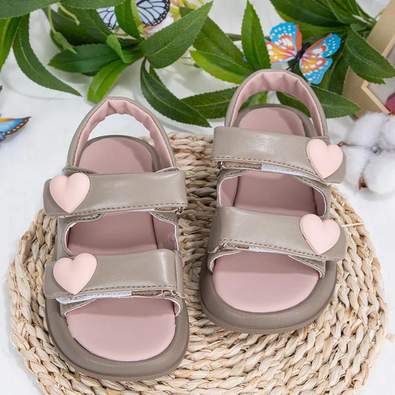 

Детские сандалии для девочек, летние сандалии с открытым носком в форме сердца, модные повседневные детские туфли с мягкой подошвой, универсальные с липучкой 26 розовый