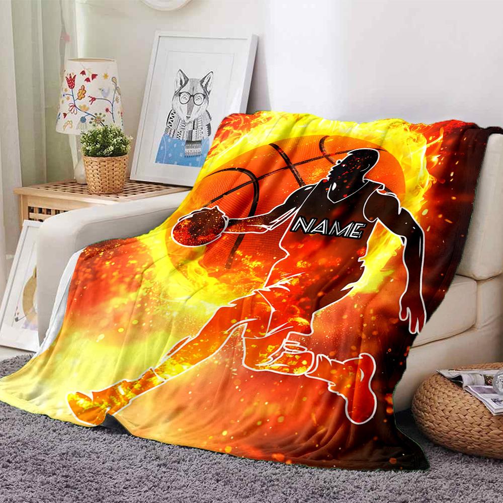 Flaming Basketball Player In Action On Fire Background Multipurpose Customizable Blanket Personalized Text Soft Warm Cozy For Sofa Couch Office Bed