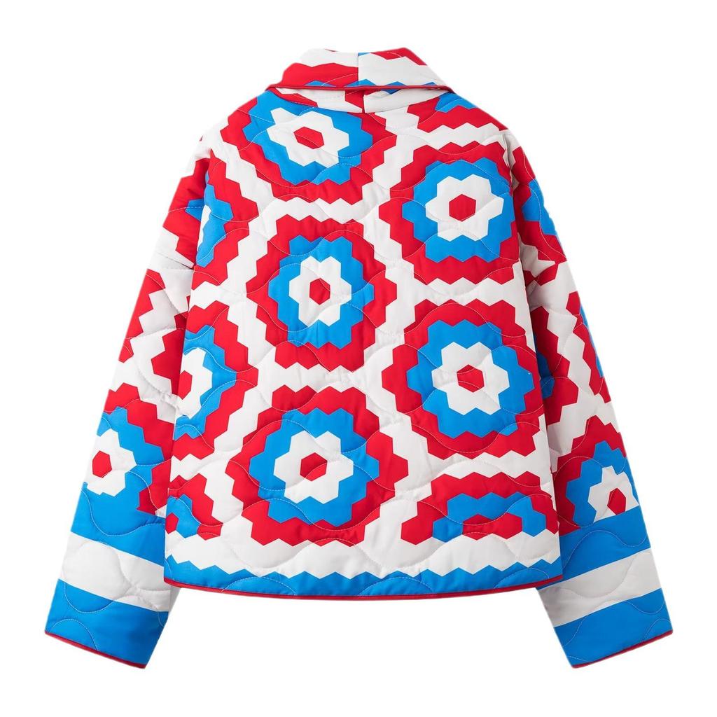 2023 Retro Y2K Colorful Print V-Neck Cotton-Padded Jacket for Women