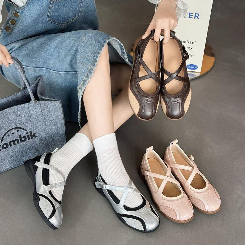 Leather cross-strap ballet women's spring and autumn new shallow mouth single shoes casual sports Mary Jane shoes