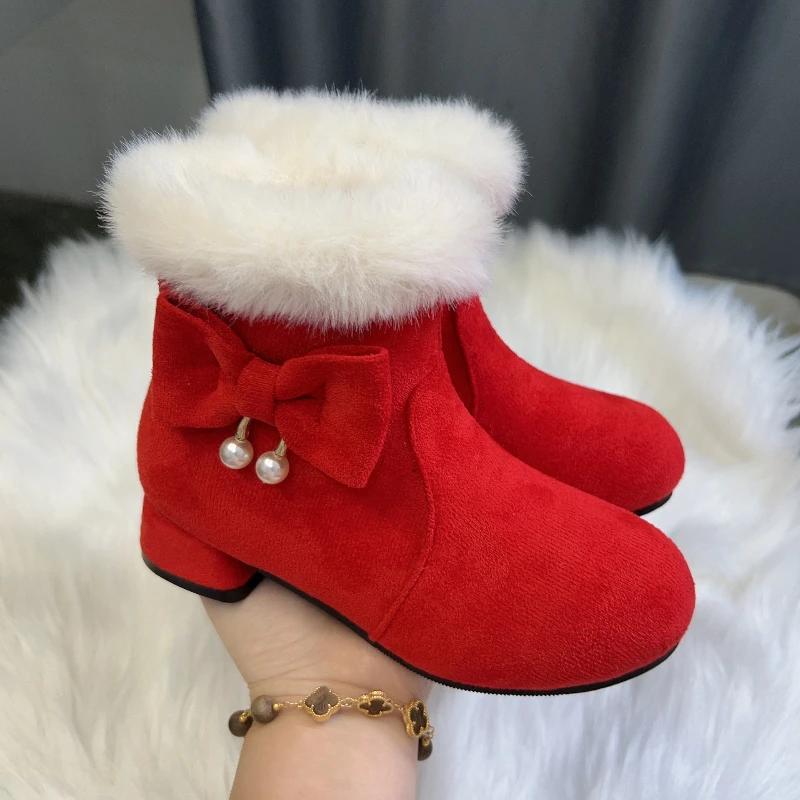 Mädchen Winterstiefel Warm Pelzig Haarig Lässig Kinder Prinzessin Stiefel Schwarz Rot Vielseitig Kinder Knöchelhohe Stiefel Hohe Absätze Schleife