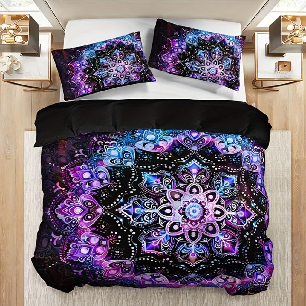 3pcs Purple Bohemian Circle 3D Printed Bedding Set Cozy Soft Duvet Cover King Queen Twin Size Birthday Gift Bedroom Decoration