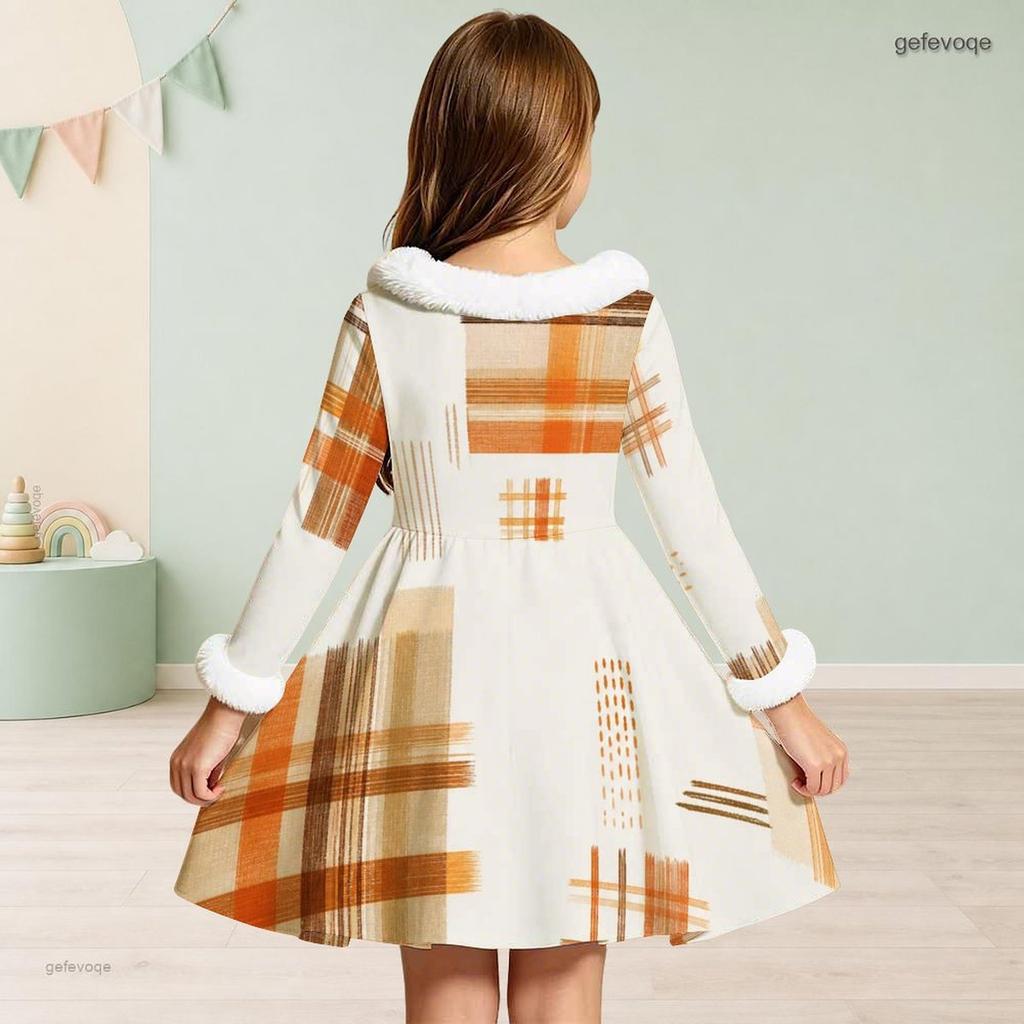 Girls Furry Collar Long Sleeve Patchwork Plaid Printed A Line Flared Dress