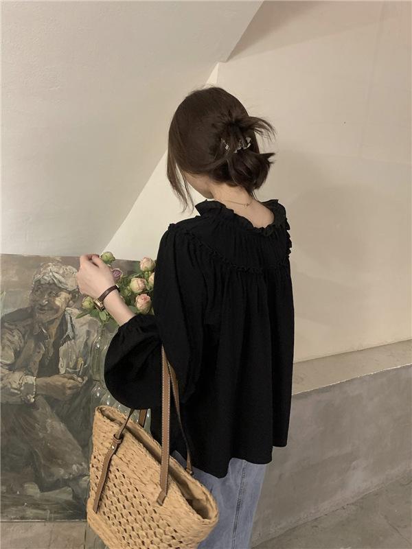 2025 Retro French Bubble Sleeve Ruffle Shirt for Women