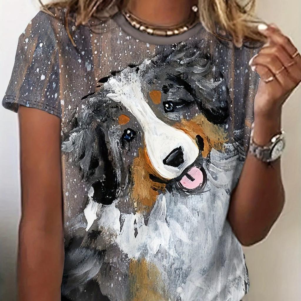 Lustige Damen-T-Shirts mit Cartoon-Hund, Zeichentrickfiguren, süßes T-Shirt mit 3D-Druck, lässiges Kurzarm-Oberteil mit Rundhalsausschnitt, weibliche Kleidung