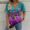 Summer Casual Loose Short Sleeve T Shirt Vintage V-Neck Flowers Printed Women's Tee Tops Plus Size Ladies T-Shirt Clothing