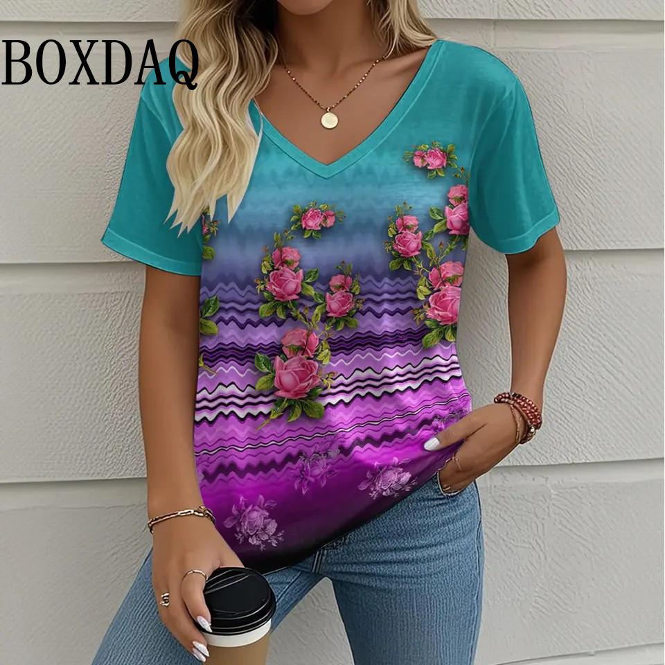 Summer Casual Loose Short Sleeve T Shirt Vintage V-Neck Flowers Printed Women's Tee Tops Plus Size Ladies T-Shirt Clothing