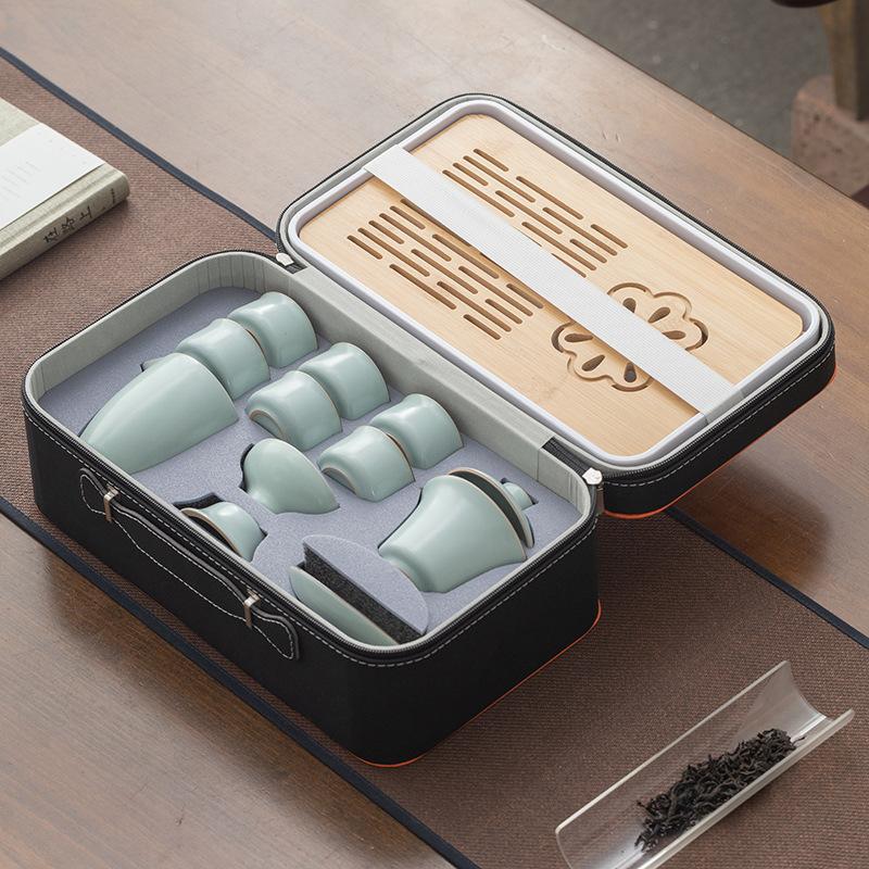 Ceramic Ru kiln cover bowl teapot azure travel tea set tea tray portable bag tea cup set activity gift
