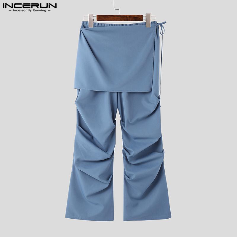 INCERUN Pánské kalhoty se zipem v pase, ležérní zavinovací volánkové dlouhé legíny, kalhoty