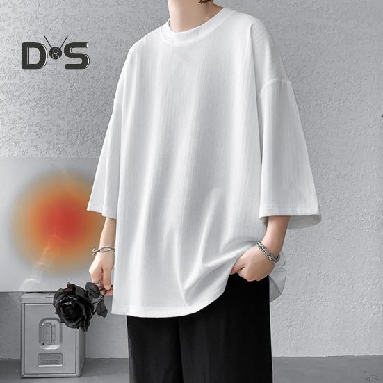 Men's Round Neck T-shirt Three-Quarter Length Sleeves Solid Color T-shirt Casual Style Loose Fit Tee Shirt for Street Travel Vacation