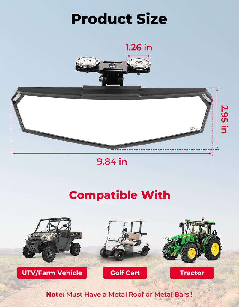 UTV Magnetic Rear Center View Mirror Compatible with Polaris Ranger for Can-Am Defender for EZGO RXV TXT with Metal Roof or Bars