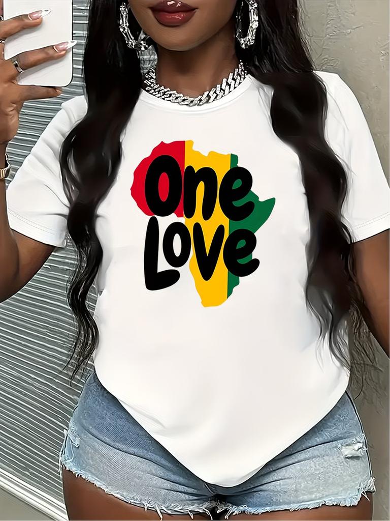 Casual Crew Neck T-Shirt with a Short Sleeve Featuring a Print of ONE LOVE