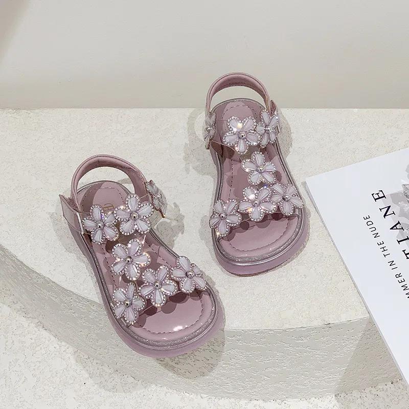 Luxury Crystal Floral Sandals Girls Transparent Pvc Strap Sandalias Baby Kids Brand Design Sole Summer Party Dress Shoes