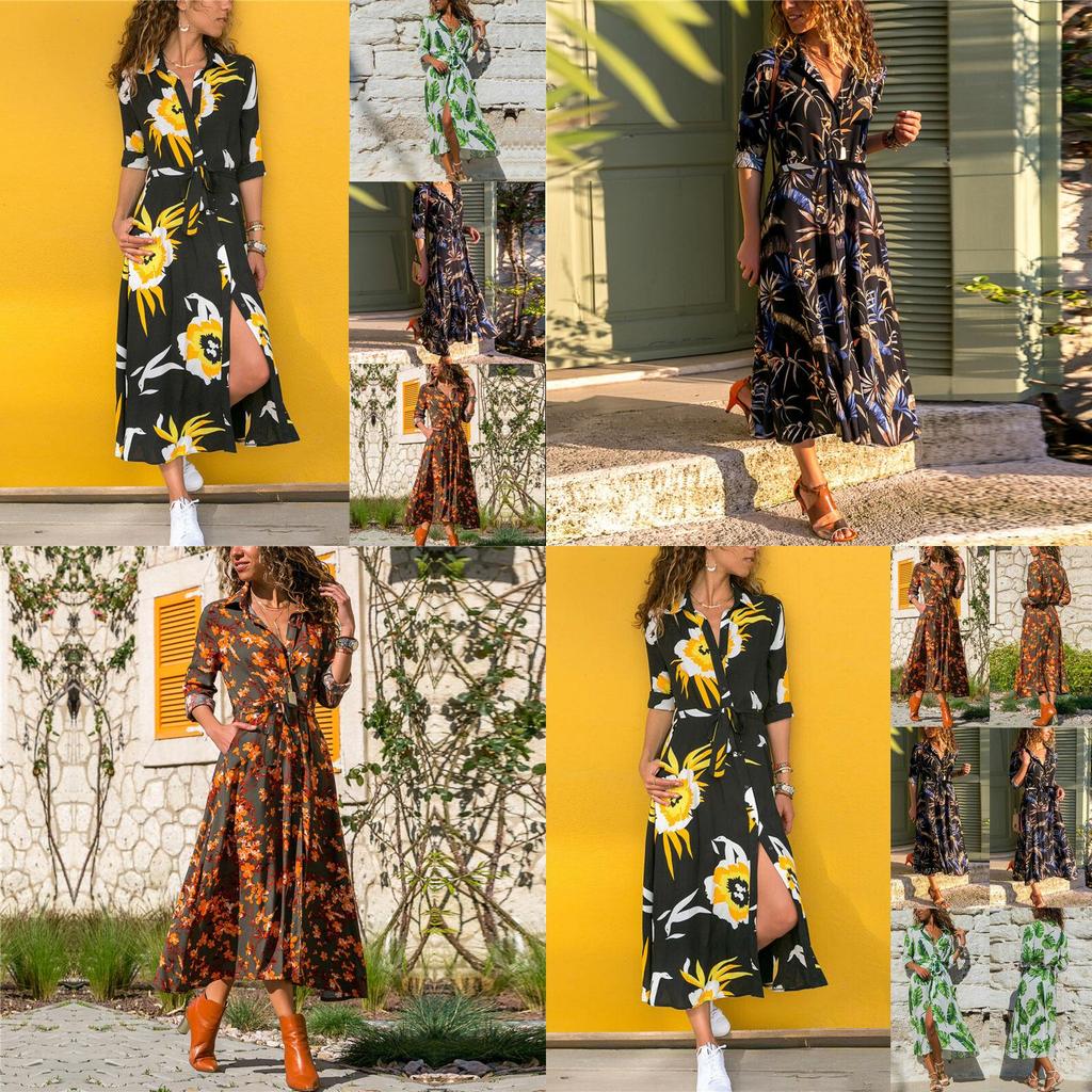 Elegant Women Long Sleeve Loose Split Maxi V-neck Button Shirt Dress Sundress