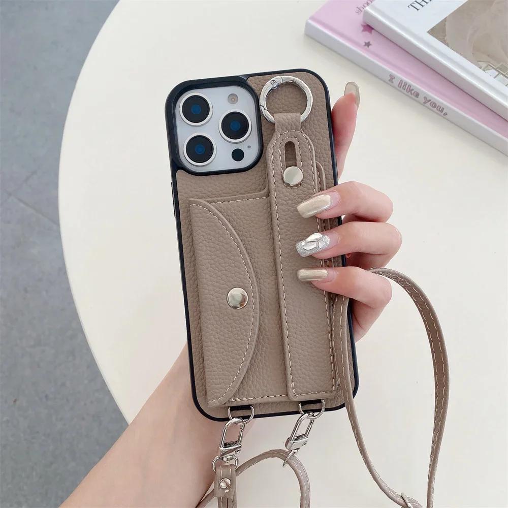 Crossbody Wrist Strap with Card Holder Phone Case for IPhone 16E 16 15 14 Plus 13 12 11 8 7 Pro Max XS Leather Ring Stand Cover