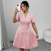 Autumn women's new skirt solid color short-sleeved waist double-breasted dress