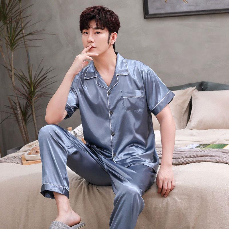 GMXIA Spring and Autumn Men's Pajamas, Long Sleeves and Long Pants, Thin Ice Silk, Teen Home Wear, Silk Set, Plus-size