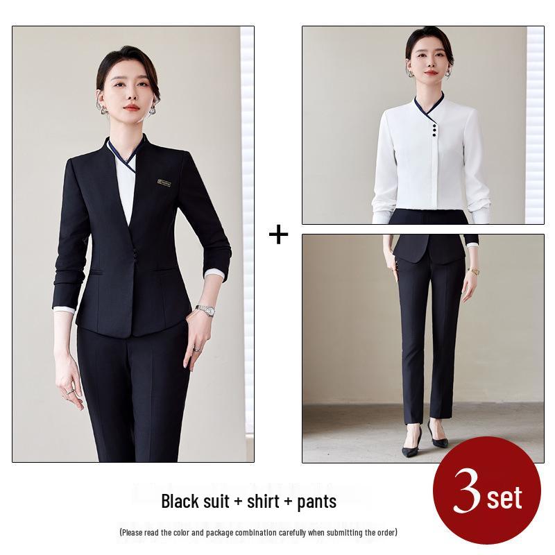 Women's Black Suit Set for Professional Reception & Hotel Work, Spring to Winter Attire.