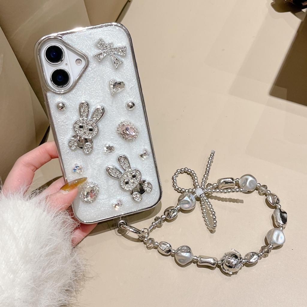 For iPhone 16 Case Glitter Rabbit Epoxy Protective Hybrid Phone Cover with Strap