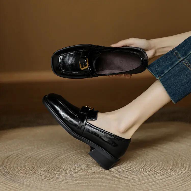 Модные новые осенне-зимние женские туфли-лодочки из спилковой кожи для женщин французский квадратный носок лоферы zapatos mujer массивные каблуки женская обувь 34 5767₽