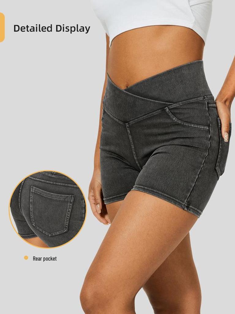 New Cross Women's High-Waisted Denim Capri Fitness Shorts - Slim Fit, High Stretch, with Pockets