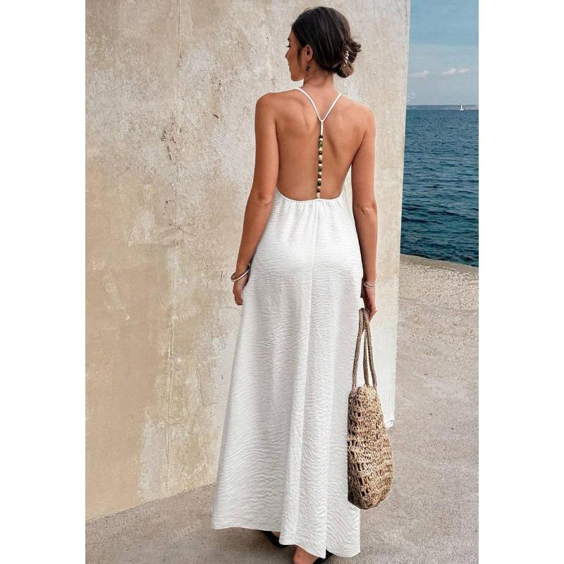 Damen Mode Lässig Einfarbige V-Ausschnitt Rückenfrei Ärmelloses Cami Langes Kleid