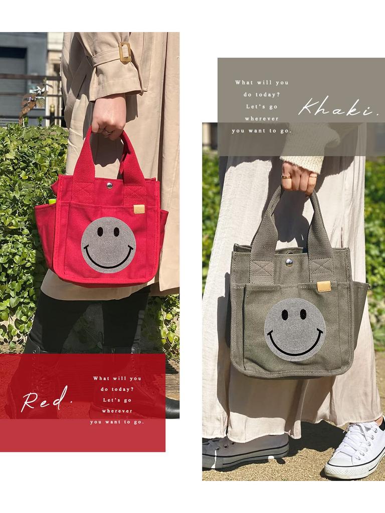 [DIVA Rose] Mini Tote Bag, Small, Lightweight, Canvas, Dividers, Pockets, Smile (Border Blue)