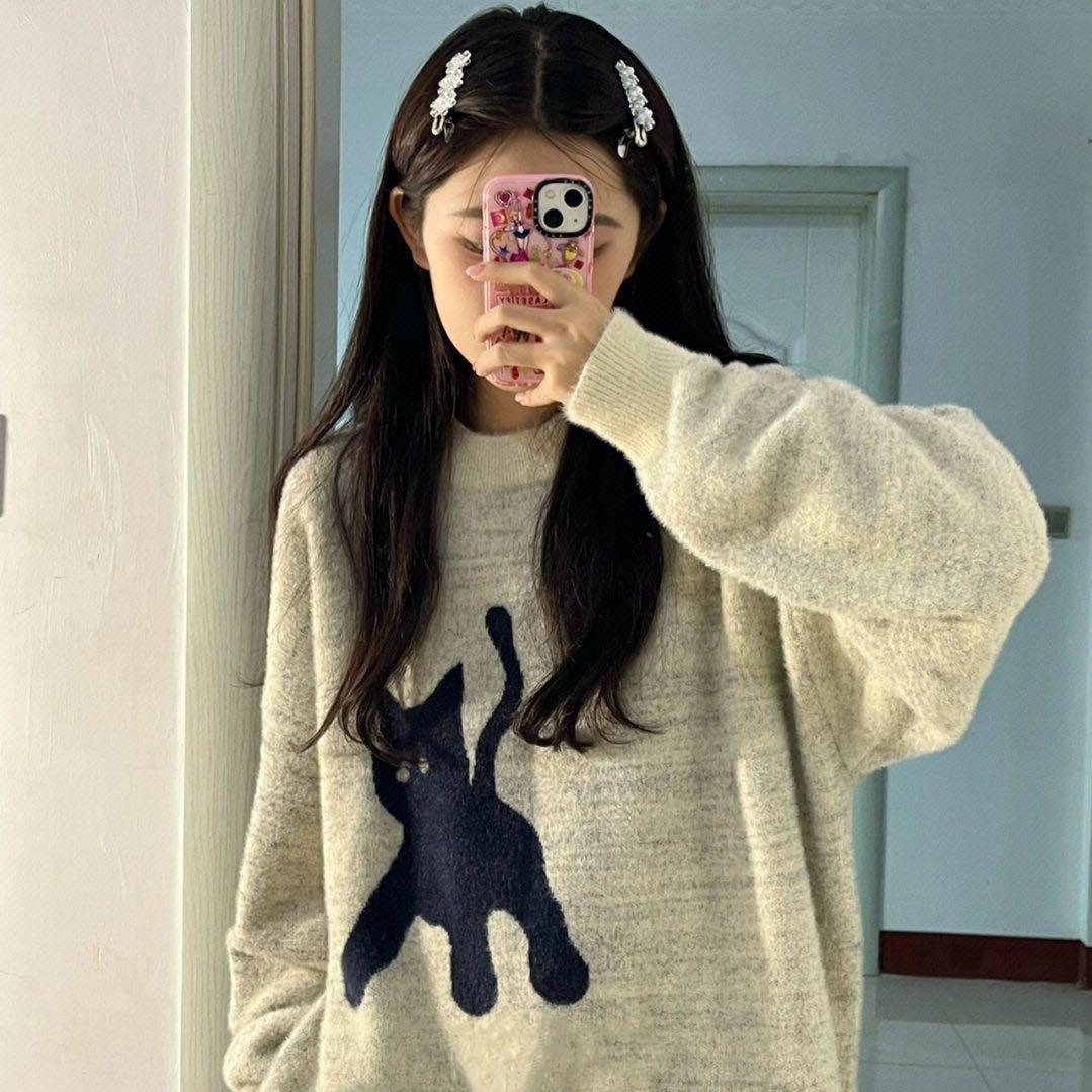 

Harajuku Kawaii Cat Print свитер женский Y2K винтажный вязаный джемпер большого размера милый мультяшный свободный пуловер топы в корейском стиле L абрикосовый