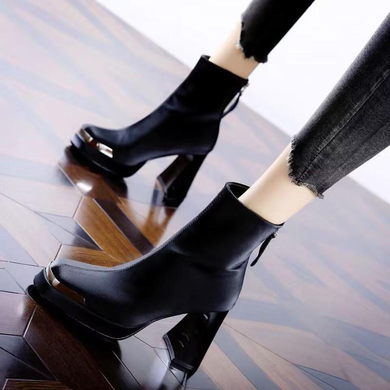 

Fashion French Fashion High-heeled Booties Women s 2025 Autumn and Winter New Metal Square Toe Block Heel Stretch All-match Boots 40 чёрный