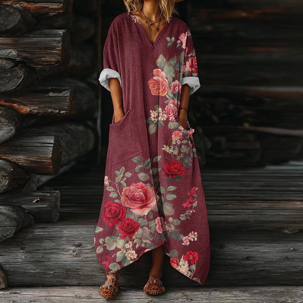 Luźna Sukienka Kaftan z Dekoltem V i Kwiatowym Wzorem z Kieszeniami Długi Rękaw Codzienna Sukienka Maxi dla Kobiet Wygodny Design