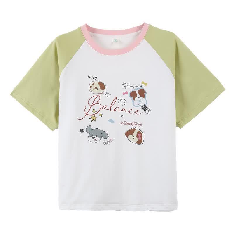 Xiaoyinman Girls' Cartoon Print Color Block Short Sleeve T-Shirt