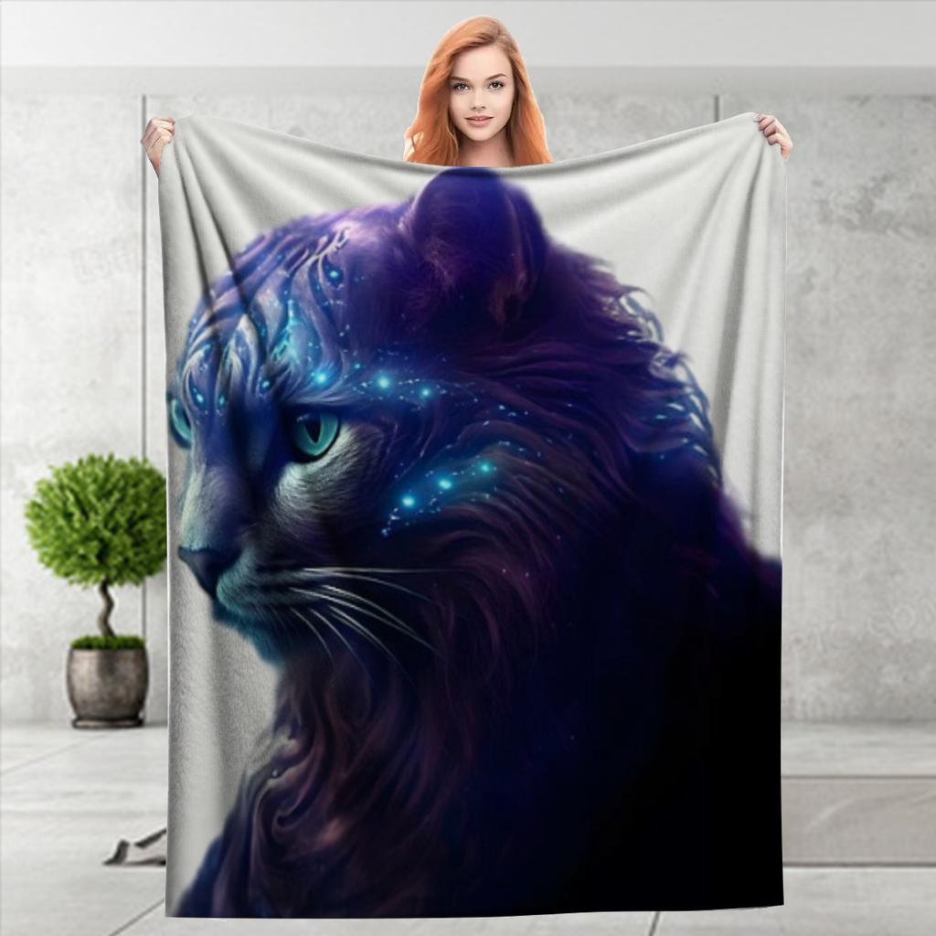 Cosmic Cat Flannel Blanket - Vibrant Purple & Blue Cosmic Design, Soft & Cozy All-Season Throw for Bed, Sofa, or Home Decor
