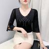 2025 Summer Mesh Diamond Slim Three-Quarter Sleeve Women's Fashion T-Shirt