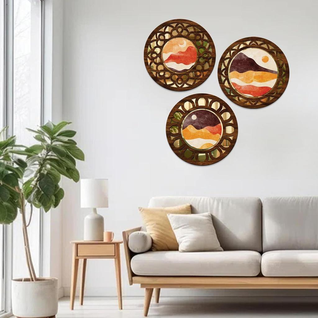 Mirror Style MDF Home Decoration Item for Living Room Set of 3 | Wall Hanging | Wall Decor