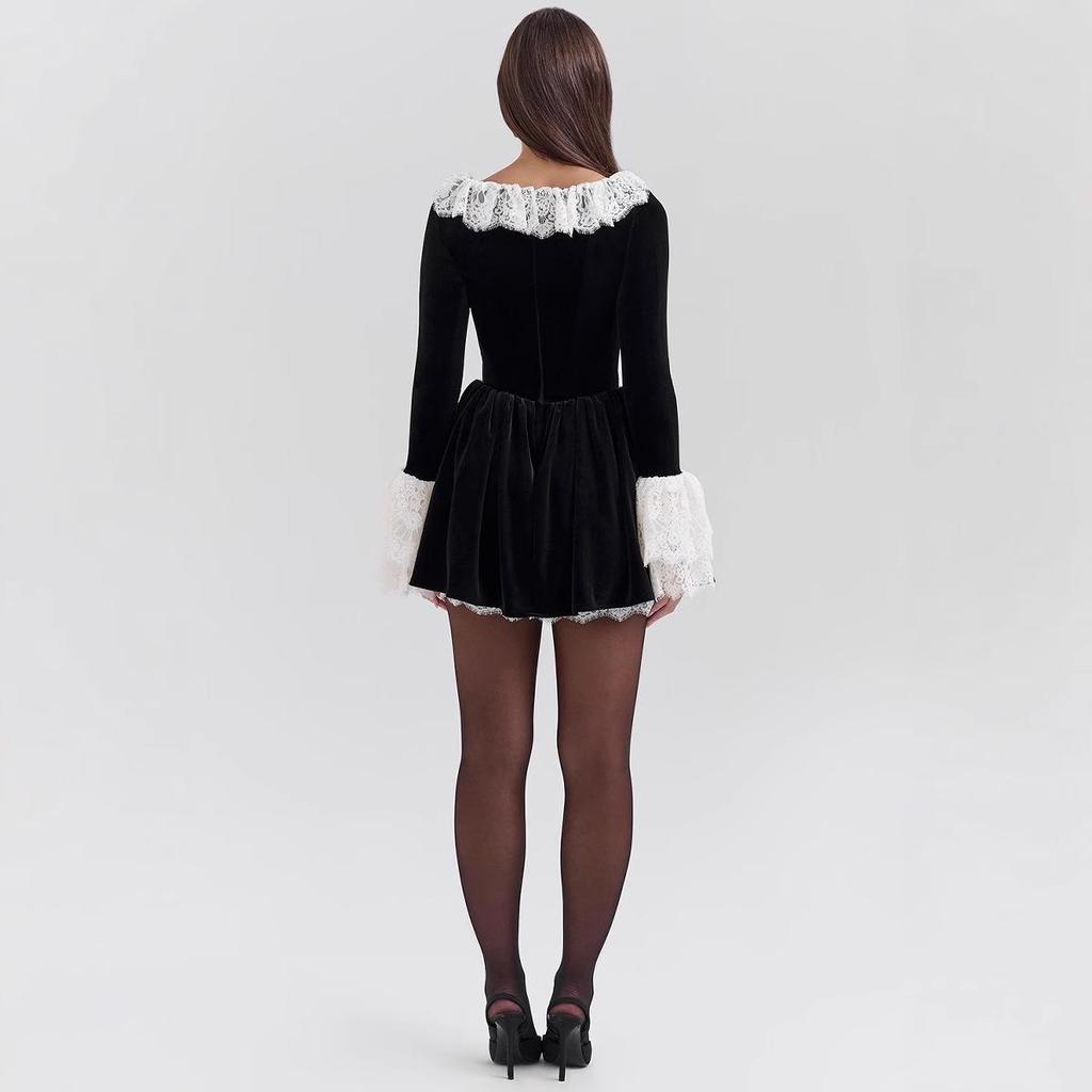 European & American Sexy Slim Lace U-neck Long-sleeve Dress