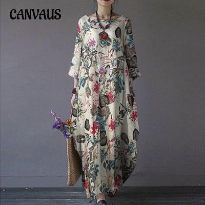 Spring and Autumn Plus Size Women's Dress Cotton Linen Printing Retro Pullover Loose Round Neck Dresses