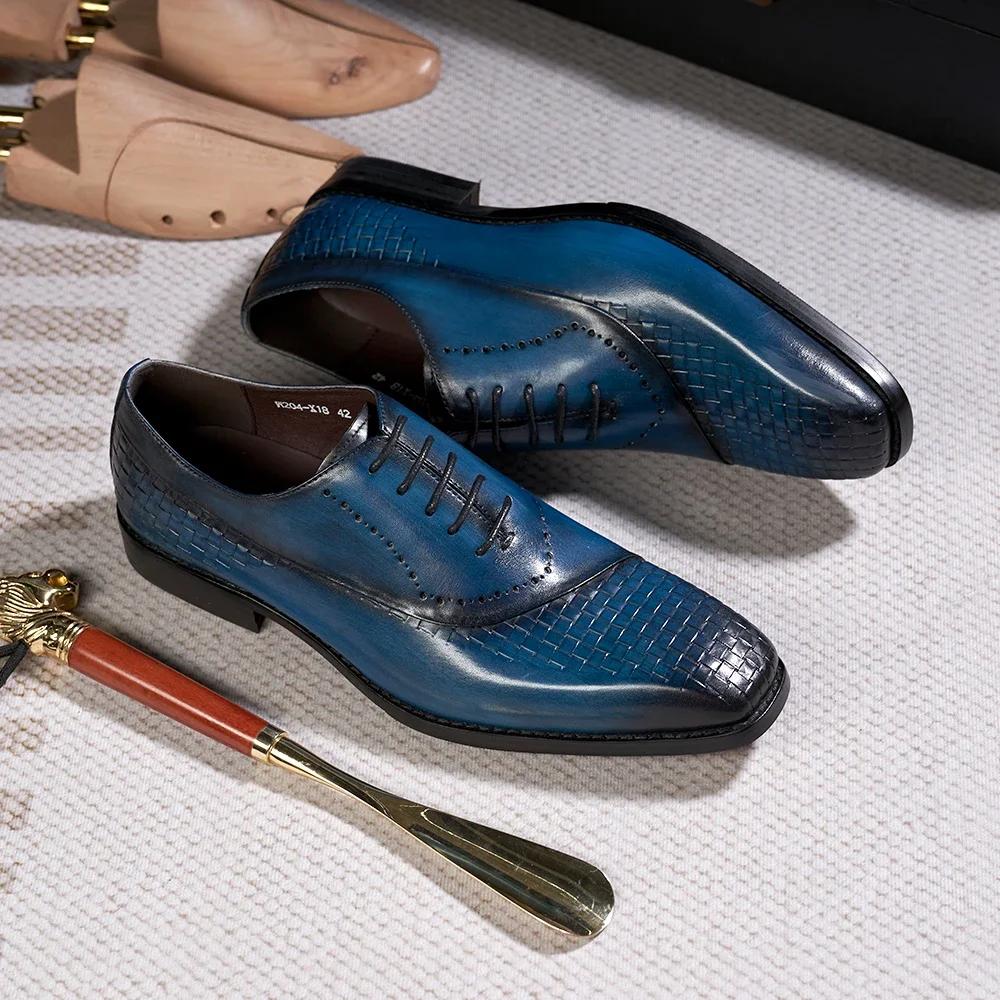 Fashion Men's Genuine Leather Oxfords Fashion Pointed Toe Wedding Party Dress Shoes Luxury Lace-Up Office Career Formal