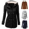 Moda Invernale Taglie Forti Donna Cappotto Lungo con Cappuccio e Fibbia a Corno Monocolore