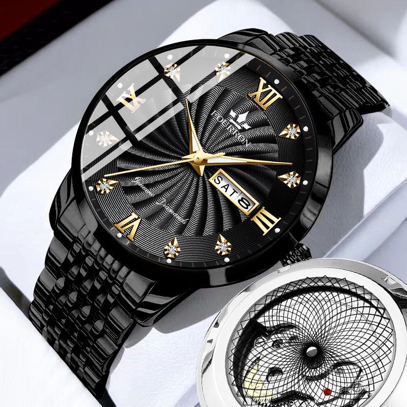 Men's Diamond Quartz Watch with Luminous Double Calendar