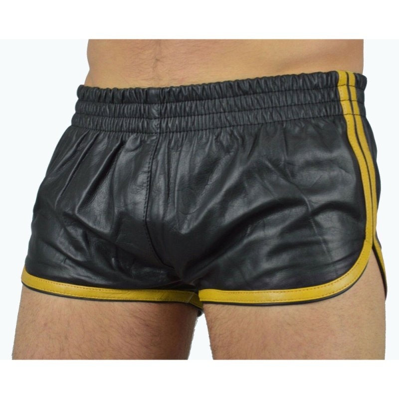 Short Imitation Leather Sports Line Black-Yellow - MenSexyWear - Leather, Latex and Vinyl