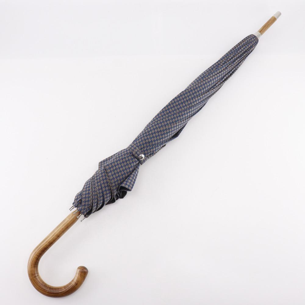 Hermes Long Umbrella Wood Handle Blue Polyester Unisex Used