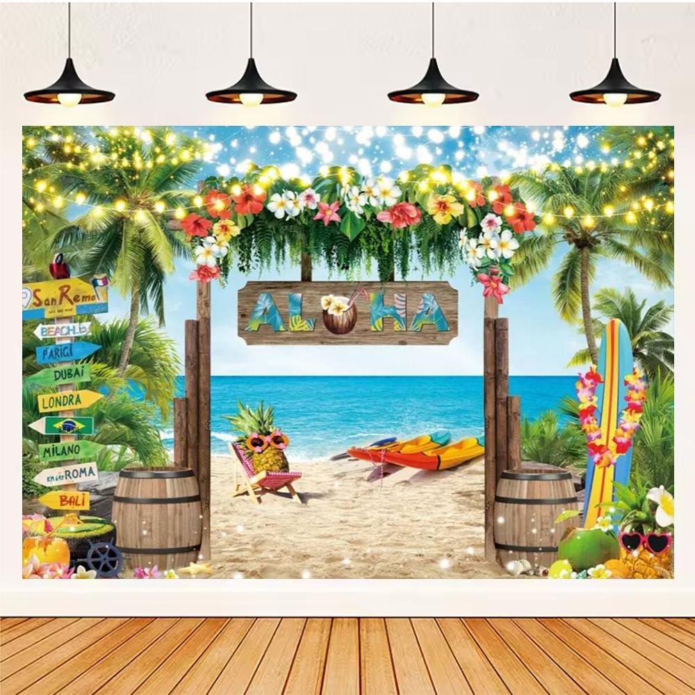 Summer Hawaii Party Supplies Background Banner Decoration Aloha Coconut Tree Surfboard Baby Shower Backdrop Photography Props