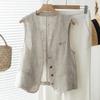 Womens Linen Blend Vest Casual Stand Collar Button Front Sleeveless Top