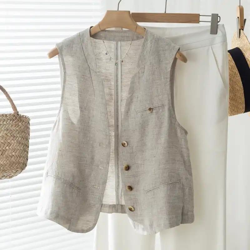 Womens Linen Blend Vest Casual Stand Collar Button Front Sleeveless Top