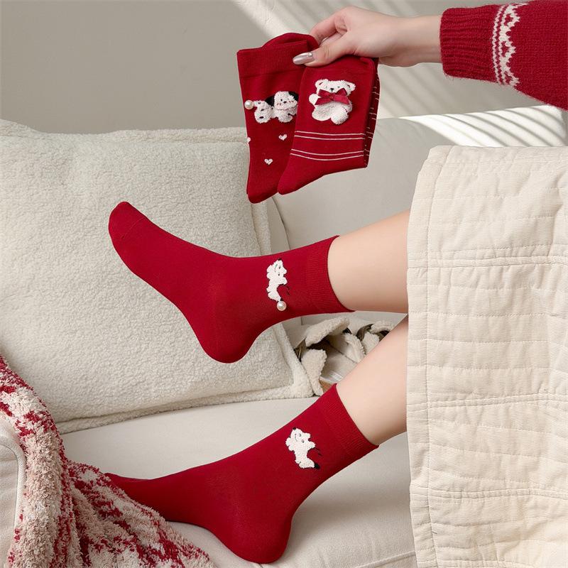 Little Bear Red Cartoon Socks, Women's Autumn and Winter Pure Cotton Mid-calf Socks, Heart-shaped Little Dog Polka Dot Striped Socks