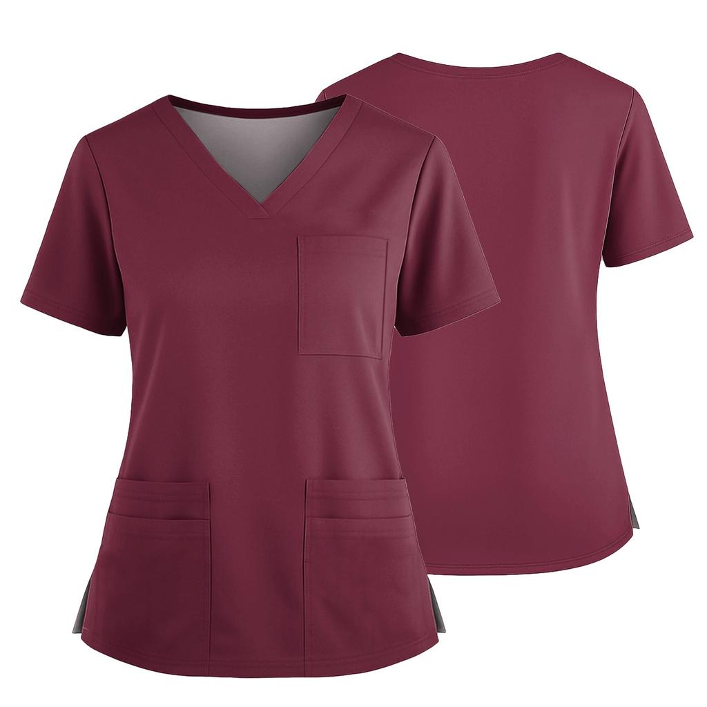 Women's Uniform Solid Color V-Neck Pocket Side Slit Uniform Short Sleeved Top Top
