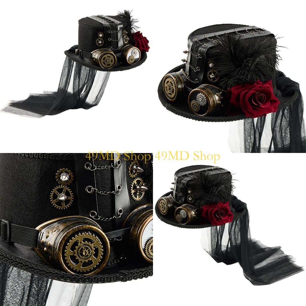49MD Victorian Steampunk Top Hat With Goggles and Long Veil For Halloween Costume Parties Masquerades Dressingup Headpiece CN