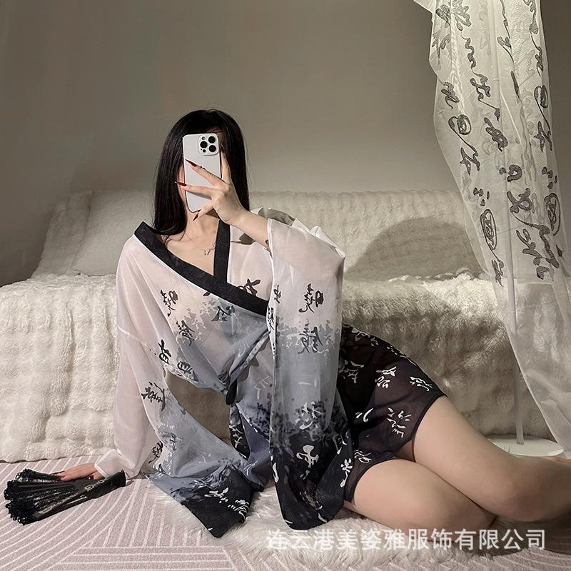 Sex underwear uniform ink painting kimono sexy soft yarn perspective kimono antique Hanfu uniform seduction seduction women